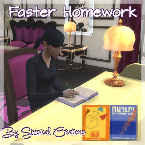 Faster homework sims 4 - Carl's Sims Guide had a video on Discover University, and there are two things that make homework go faster iirc: first, there's a 25% speed boost if you get your research and debate skill to 3, and second, the Study Spot lot trait which I believe is available at the library, also increases your homework speed. 